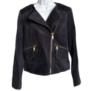 Michael Kors | Navy Suede Leather Jacket with Gold Accents